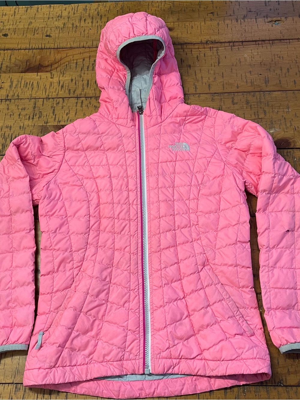 The North Face Pink Quilted Hooded Jacket with White Trim